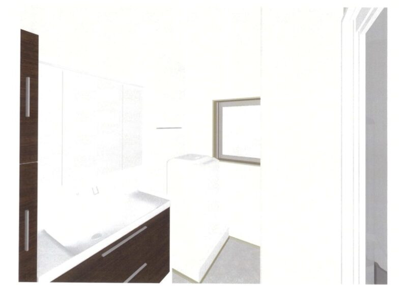 セキスイハイムの洗面所3Dパース図。洗面台と壁の間に隙間が描かれているが、一見すると分かりにくく見落としてしまった画像