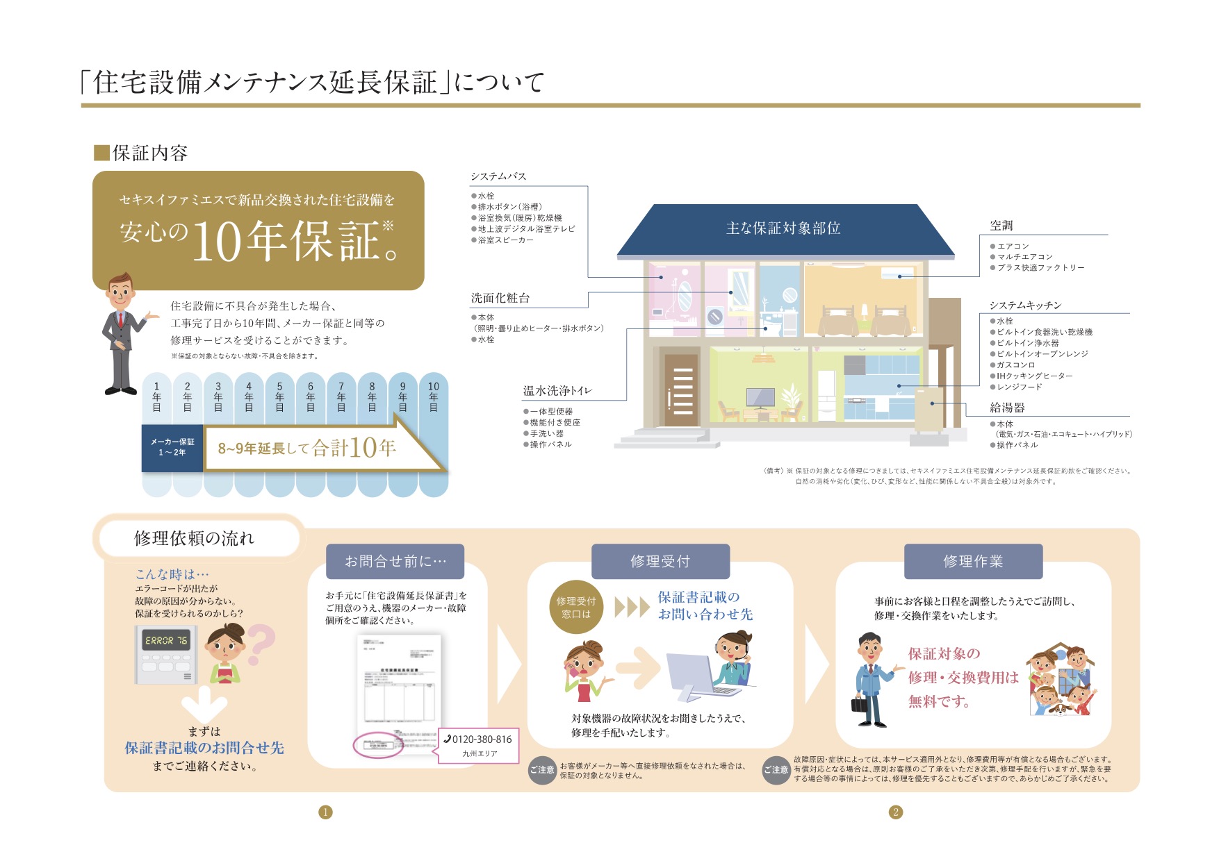 セキスイファミエスの住宅設備メンテナンス延長保証パンフレット。工事完了日から10年保証